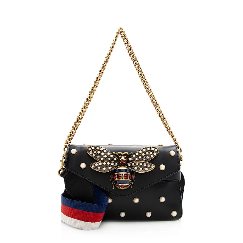 Gucci Calfskin Pearl Bee Broadway Mini Shoulder Bag (SHF-21311)