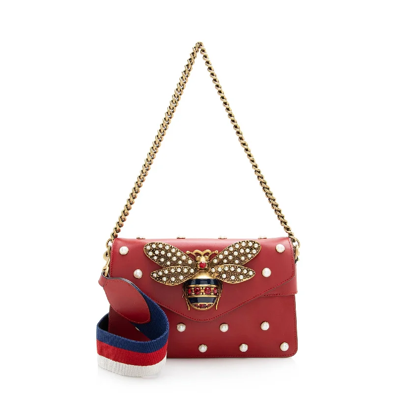 Gucci Calfskin Pearl Bee Broadway Mini Shoulder Bag (SHF-22405)