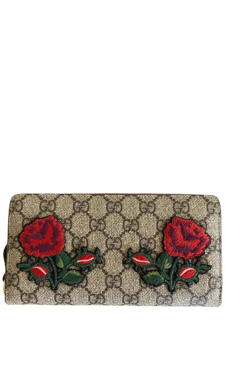 GG Supreme Monogram Embroidered Floral Zip Around Wallet