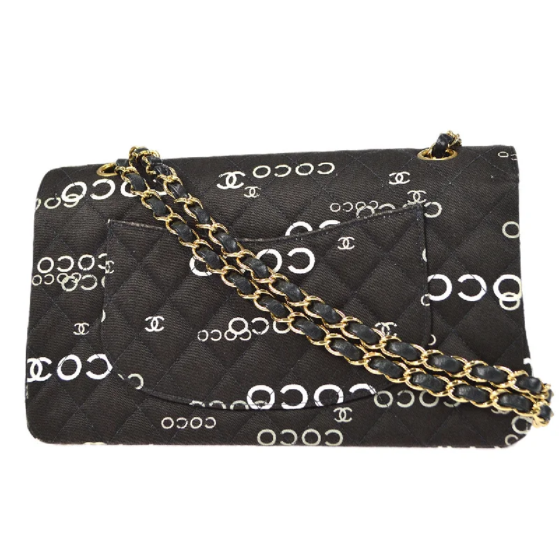 CHANEL 2001-2003 COCO patterned Classic Double Flap Medium Black Canvas 47523