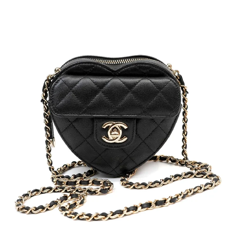 Chanel 2022 Black Lambskin Heart Mini Bag w/ Gold Hardware