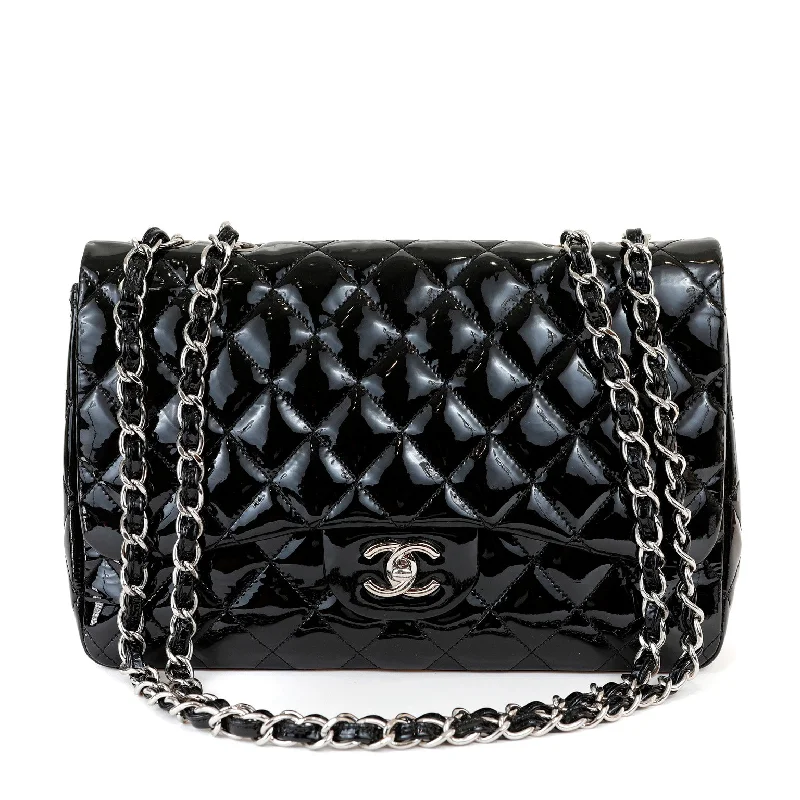 Chanel  Black Patent Leather Jumbo Classic with Silver Hardware