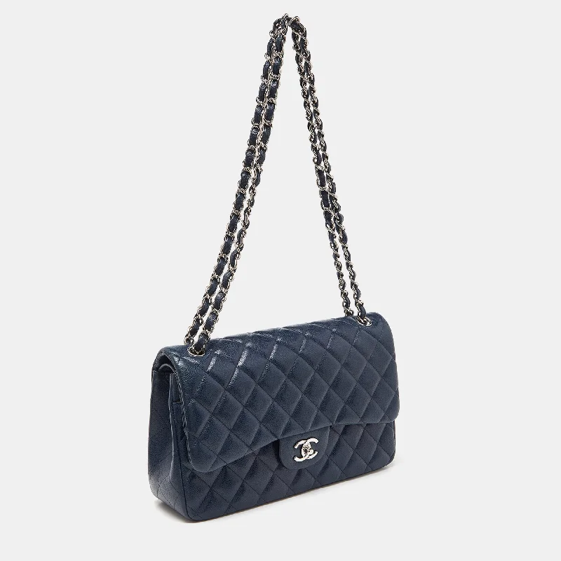 CHANEL Blue Quilted Caviar Leather Jumbo Classic Double Flap Bag