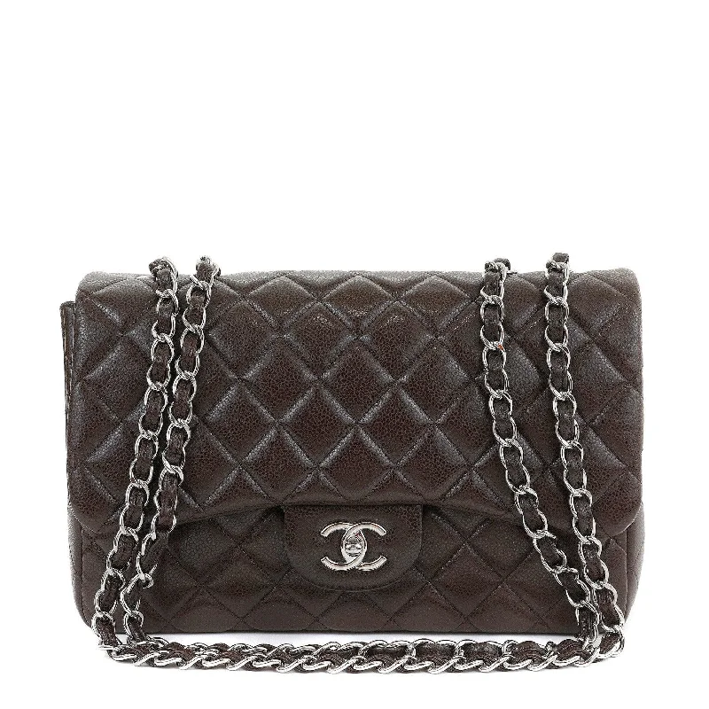 Chanel Chocolate Brown Caviar Jumbo Classic w/ Silver Hardware