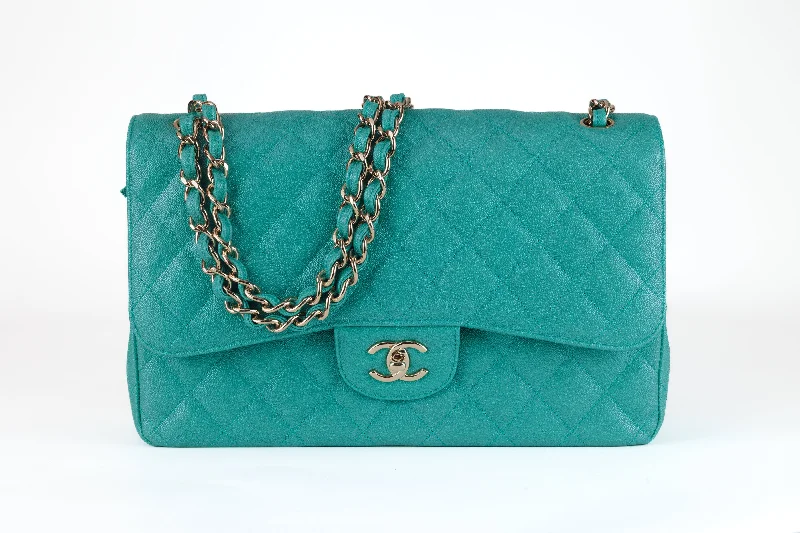 Chanel Green Iridescent Caviar Jumbo Classic with Gold Hardware