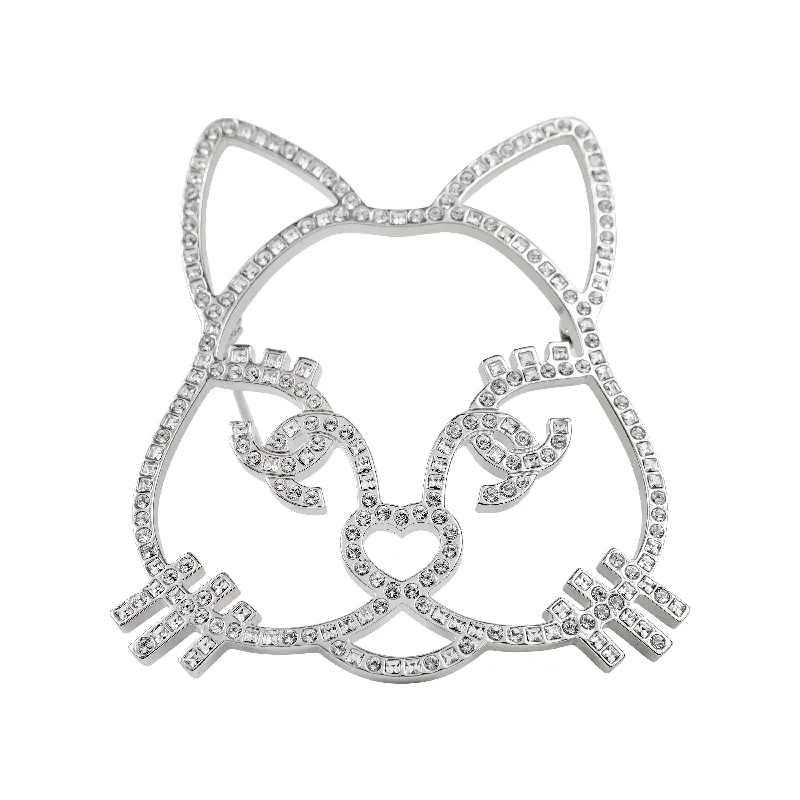 Chanel Large Cat Crystal Pin w/ Silver Hardware