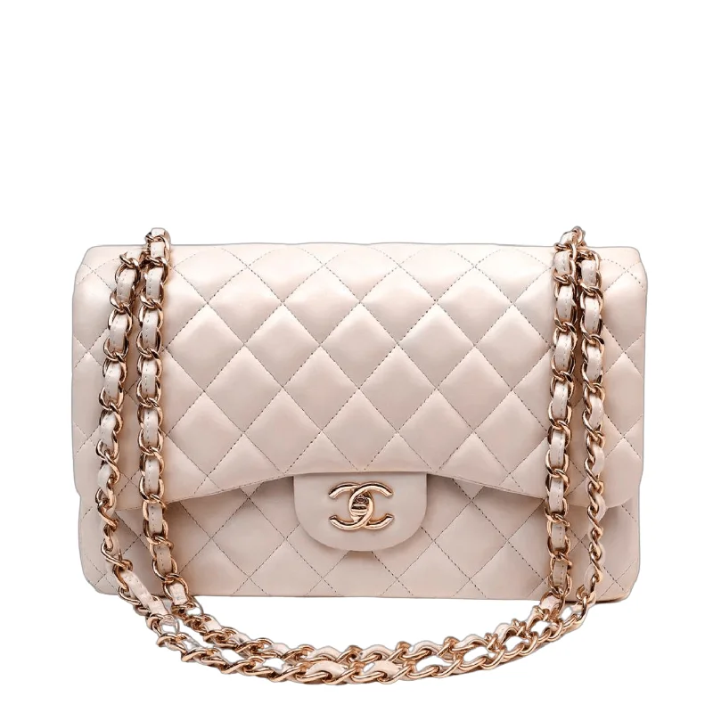 Chanel Light Beige Lambskin Jumbo Classic w/ Rose Gold Hardware