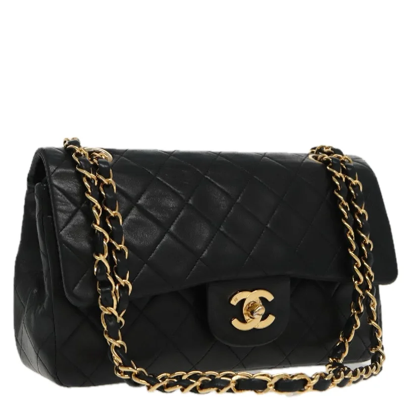 CHANEL Matelasse 23 Double Flap Chain Bag Lamb Skin Black Gold CC  yk15736A