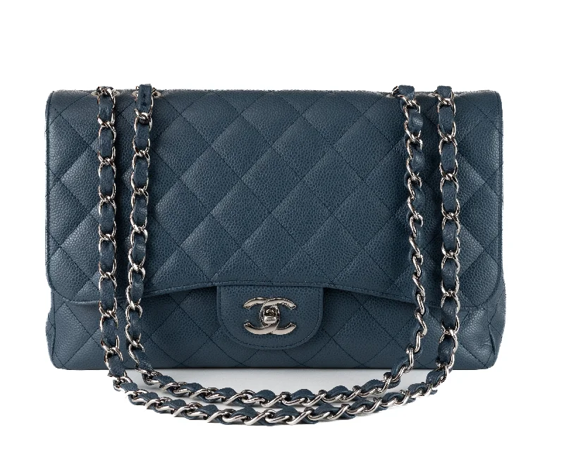 Chanel Navy Blue Caviar Jumbo Classic w/ Silver Hardware