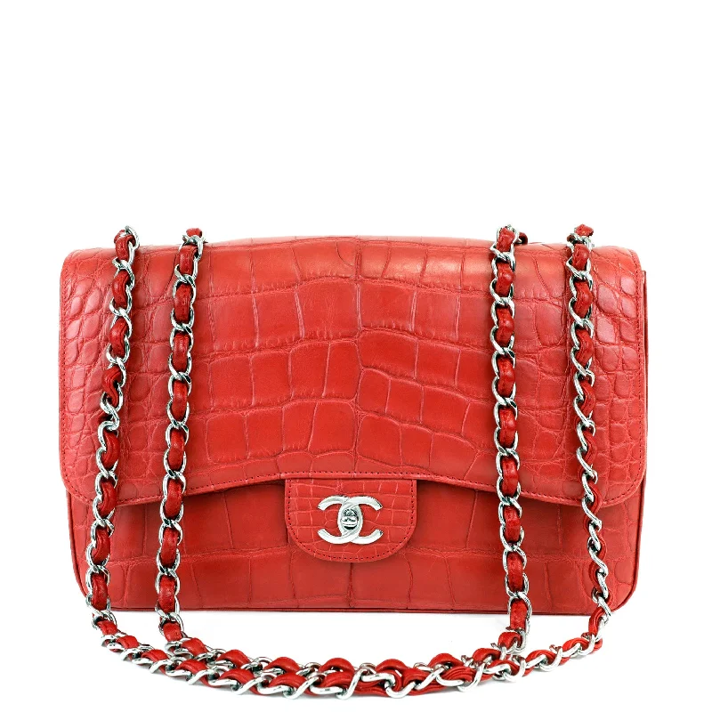 Chanel Red Crocodile Jumbo Classic with Silver Hardware