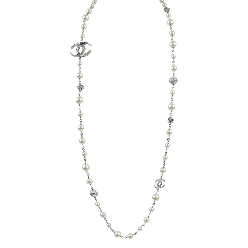 Chanel Single Strand Pearls with Silver Crystal CC Fall 2015 Cruise Collection