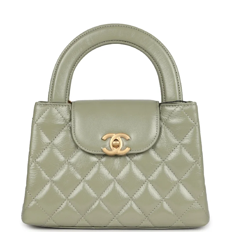 Chanel Small Kelly Shopper Khaki Shiny Aged Calfskin Brushed Gold Hardware