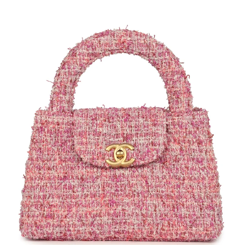 Chanel Small Kelly Shopper Pink Tweed Brushed Gold Hardware