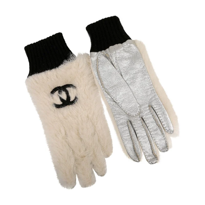 Chanel White Fur CC Gloves w/ Metallic Silver Leather