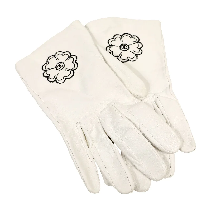 Chanel White Lambskin Gloves w/ Black Camellia