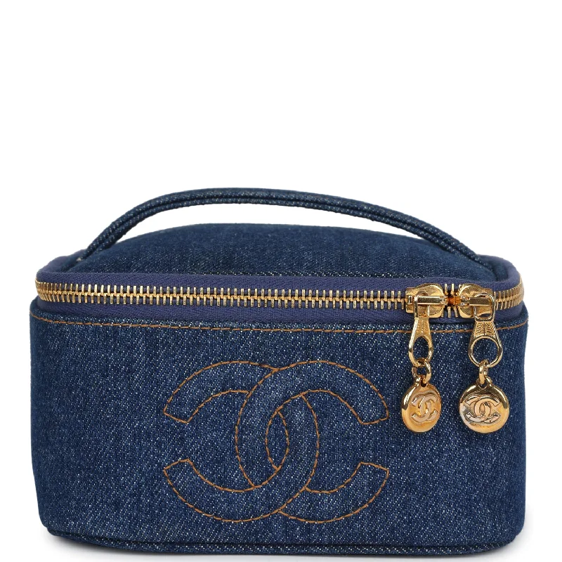 Vintage Chanel Square Vanity Case Dark Blue Denim Gold Hardware