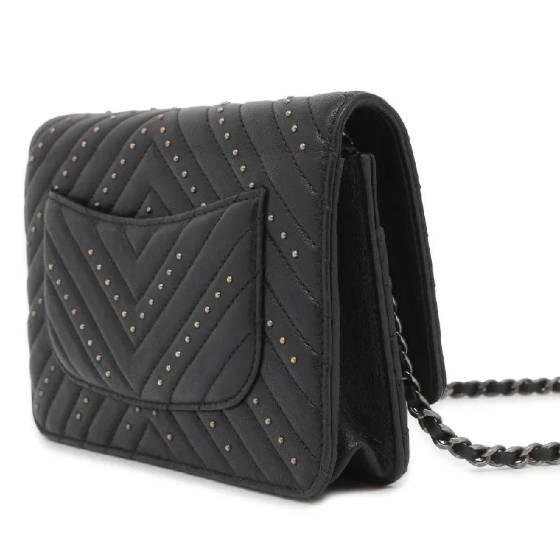 CHANEL 2.55 Chevron Studded Chain Wallet Black Lambskin