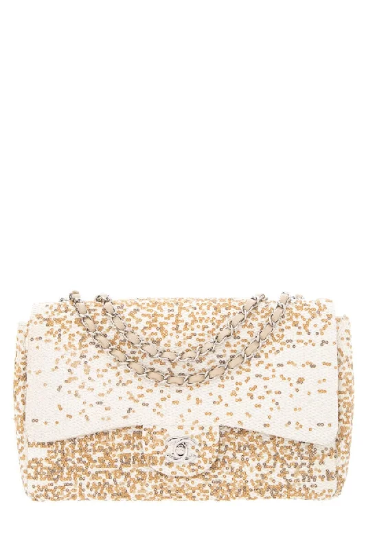 Chanel 2014 Cream Raffia & Gold Sequin Single Flap Large Handbag