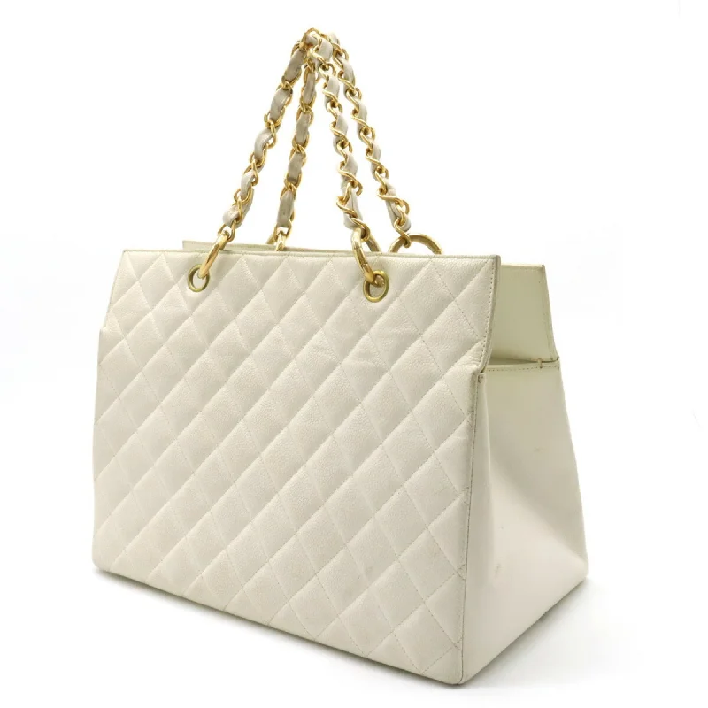 CHANEL Matelasse Coco Mark Chain Bag Tote Handbag Caviar Skin Leather White