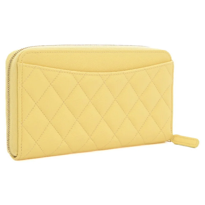 CHANEL Matelasse Round Zipper Long Wallet Caviar Skin Yellow AP0242