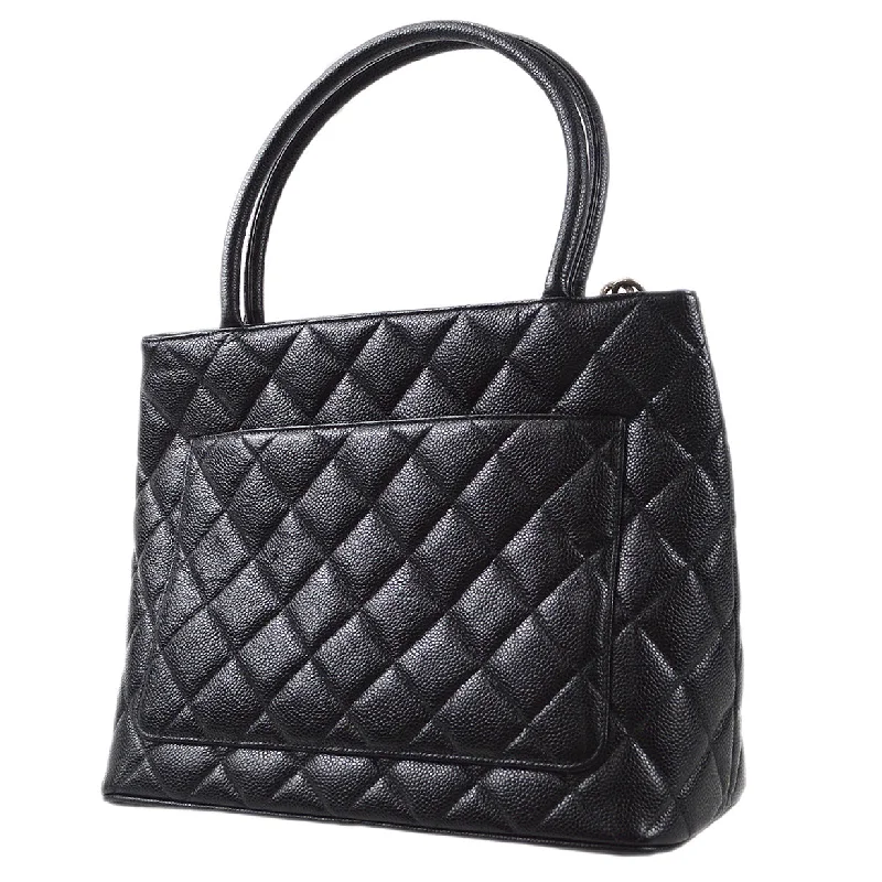 CHANEL Medallion Quilted Tote Handbag Black Caviar 78446