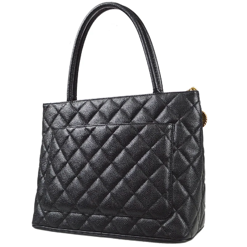 CHANEL Medallion Quilted Tote Handbag Black Caviar 78481