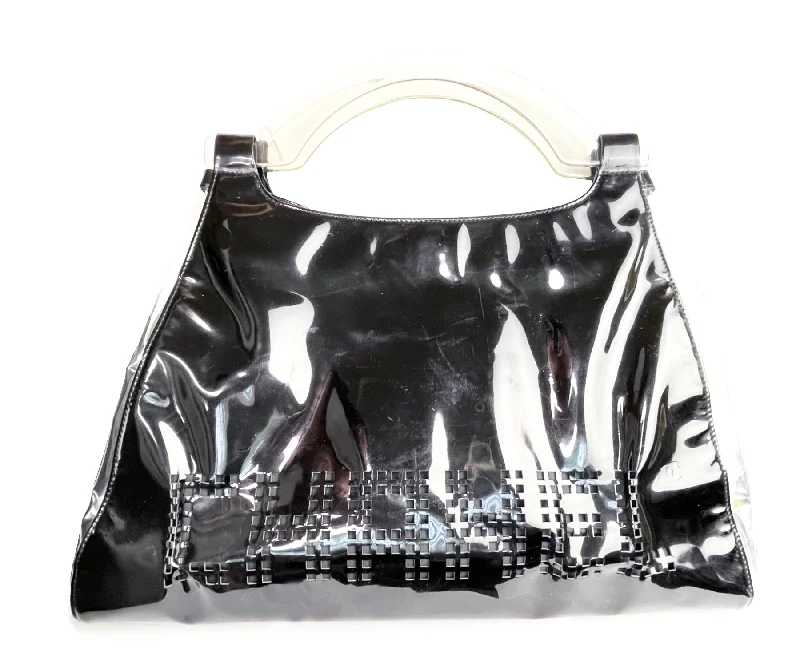 CHANEL Black Patent Leather Punch Hole Clear Handle XXL Handbag