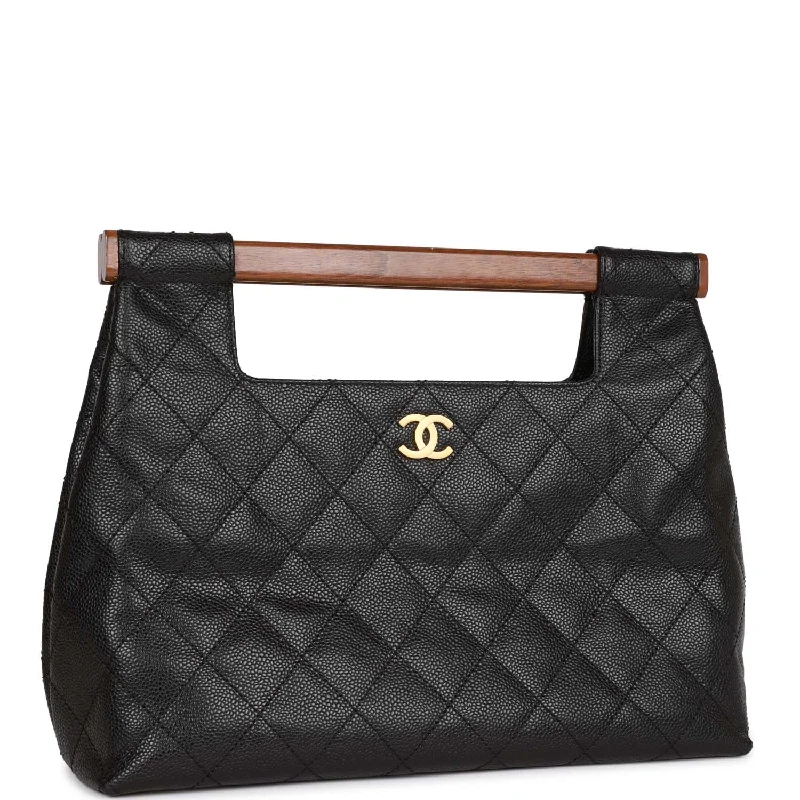 Vintage Chanel Wood Top Handle Bag Black Caviar Gold Hardware